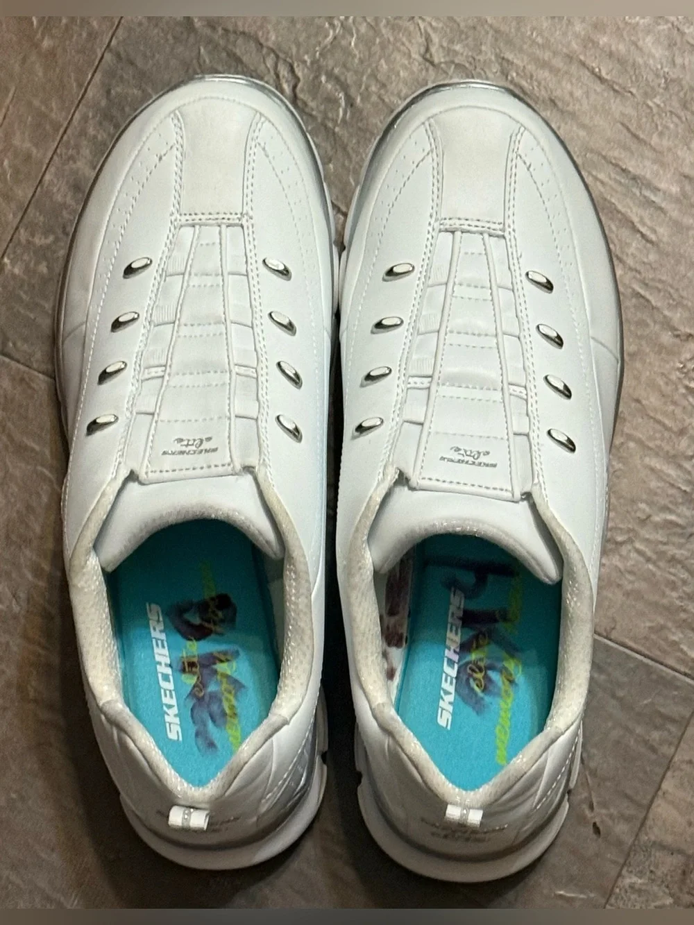 NWOT Skechers Women’s White Slip-On Casual Sneakers (w/ initials on Blue Insole)